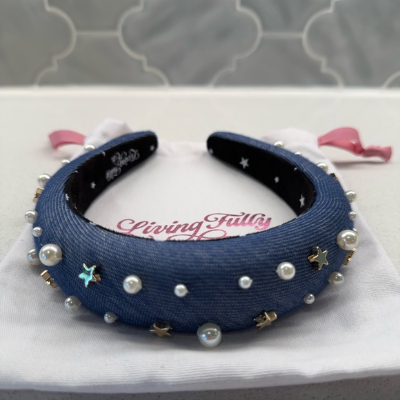 Denim Headband with Pearls and Studs - Picture 3 of 3